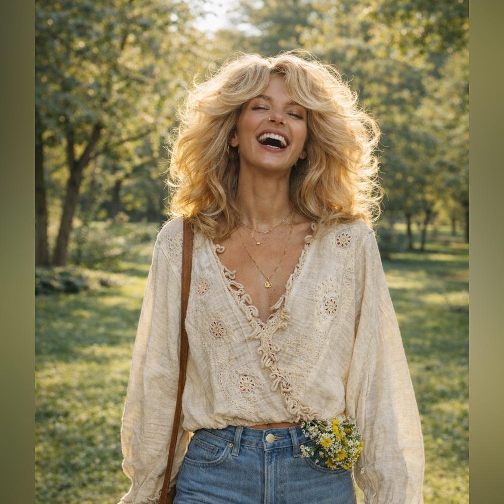 Free people beige Boho embroidered top size XS